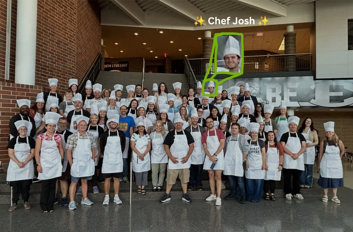 447 Josh Pullen and his fellow teachers in chef hats at their back-to-school cooking competition