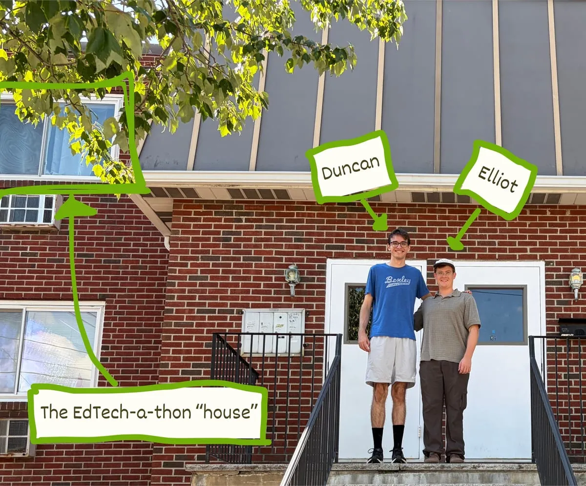 Duncan and Elliot standing outside the EdTech-a-thon house